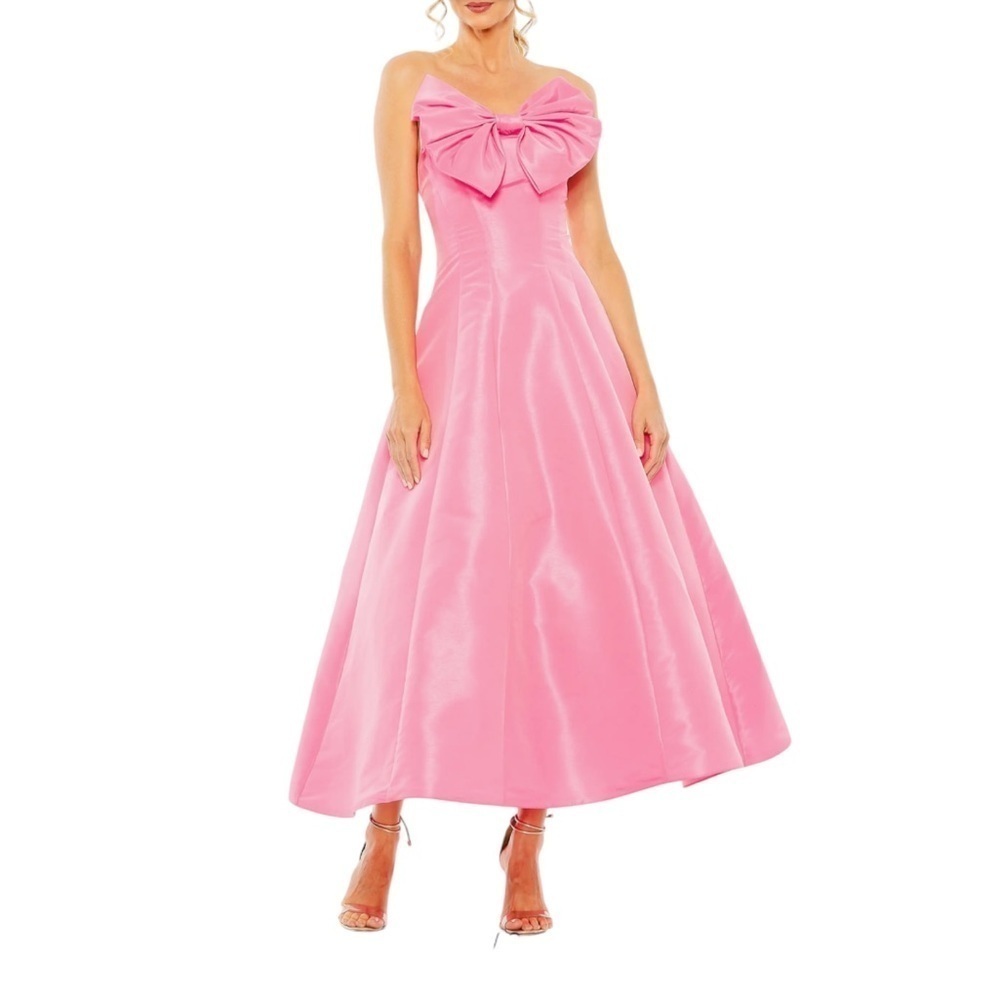 Mac Duggal Pink Strapless Midi Dress with Bow